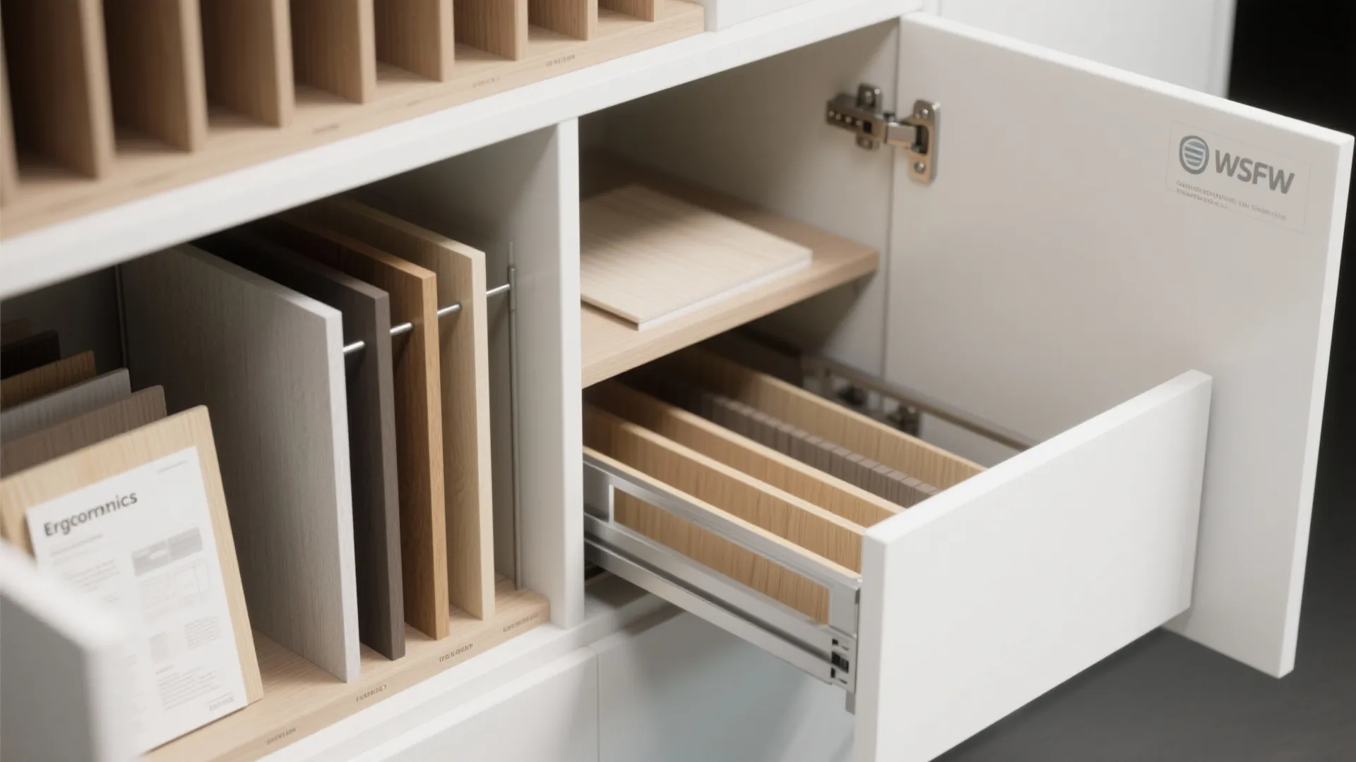 Cabinet interior organizers with MDF and plywood samples, pull-out organizer and adjustable shelves.