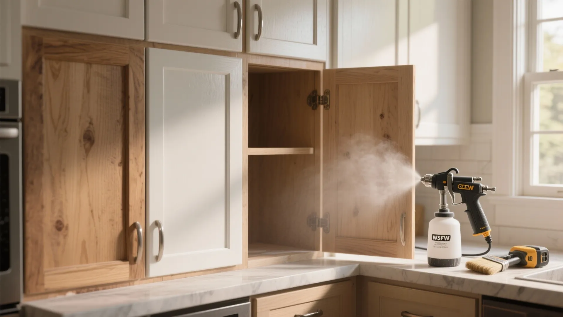 Spray tool applying white paint to wooden kitchen cabinet doors during a home interior renovation project