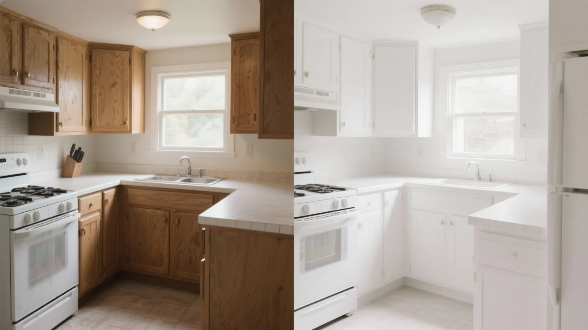 Before and after of kitchen cabinets painted from oak to white