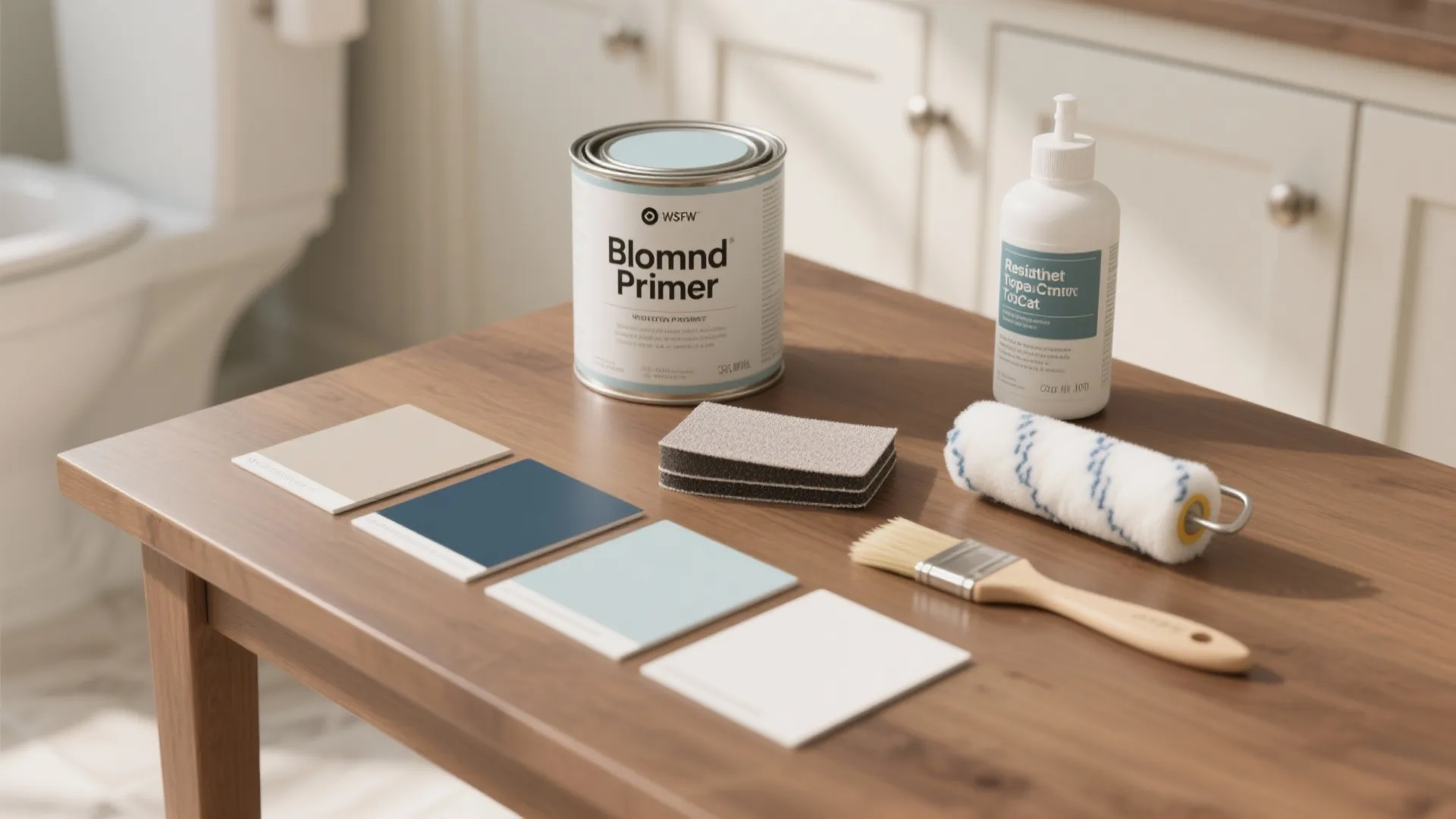 Flatlay of primer, paint chips, sandpaper and topcoat tools for painting bathroom cabinets.