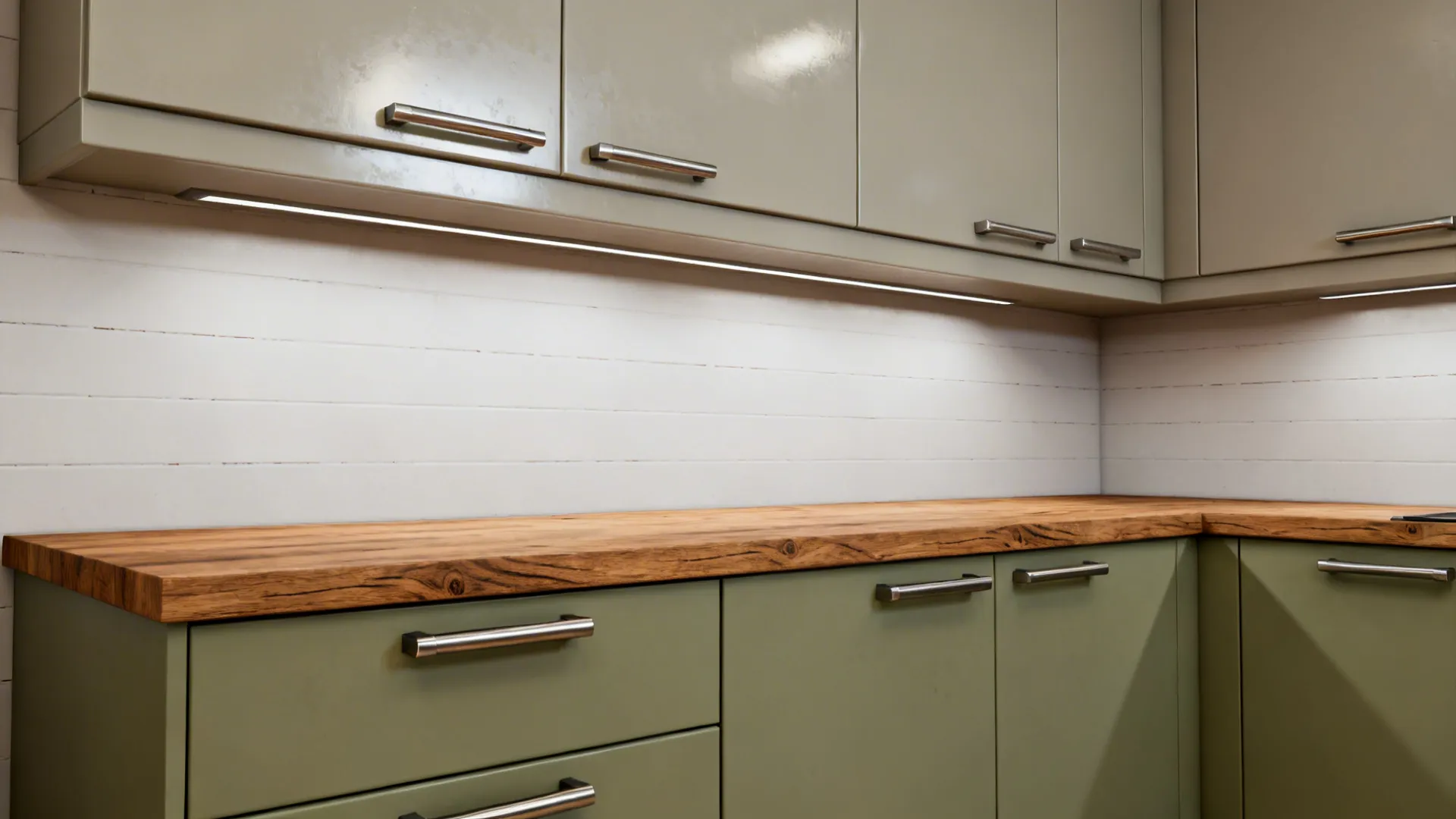 Greige and sage painted cabinets with brushed bar pulls and a warm wood countertop in a small kitchen.
