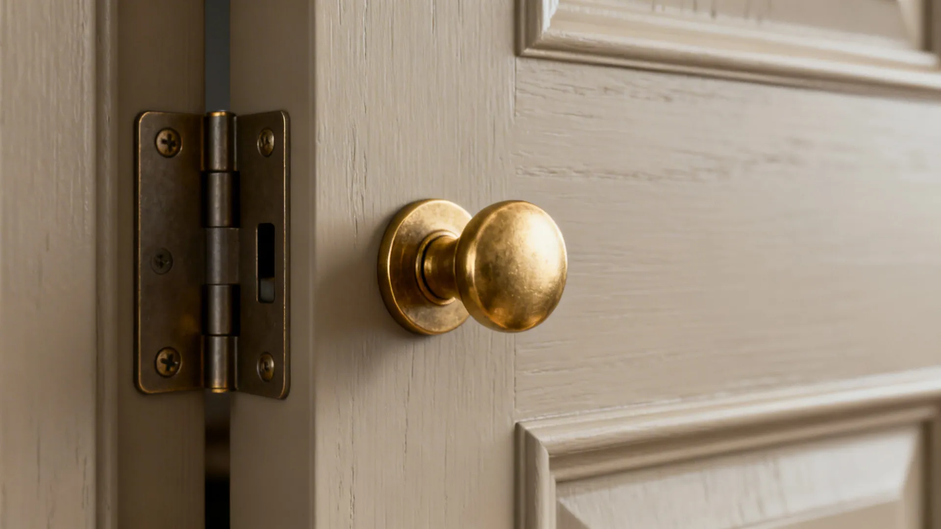 Close-up of a freshly painted cabinet door with new brass cup pull and hinge detail
