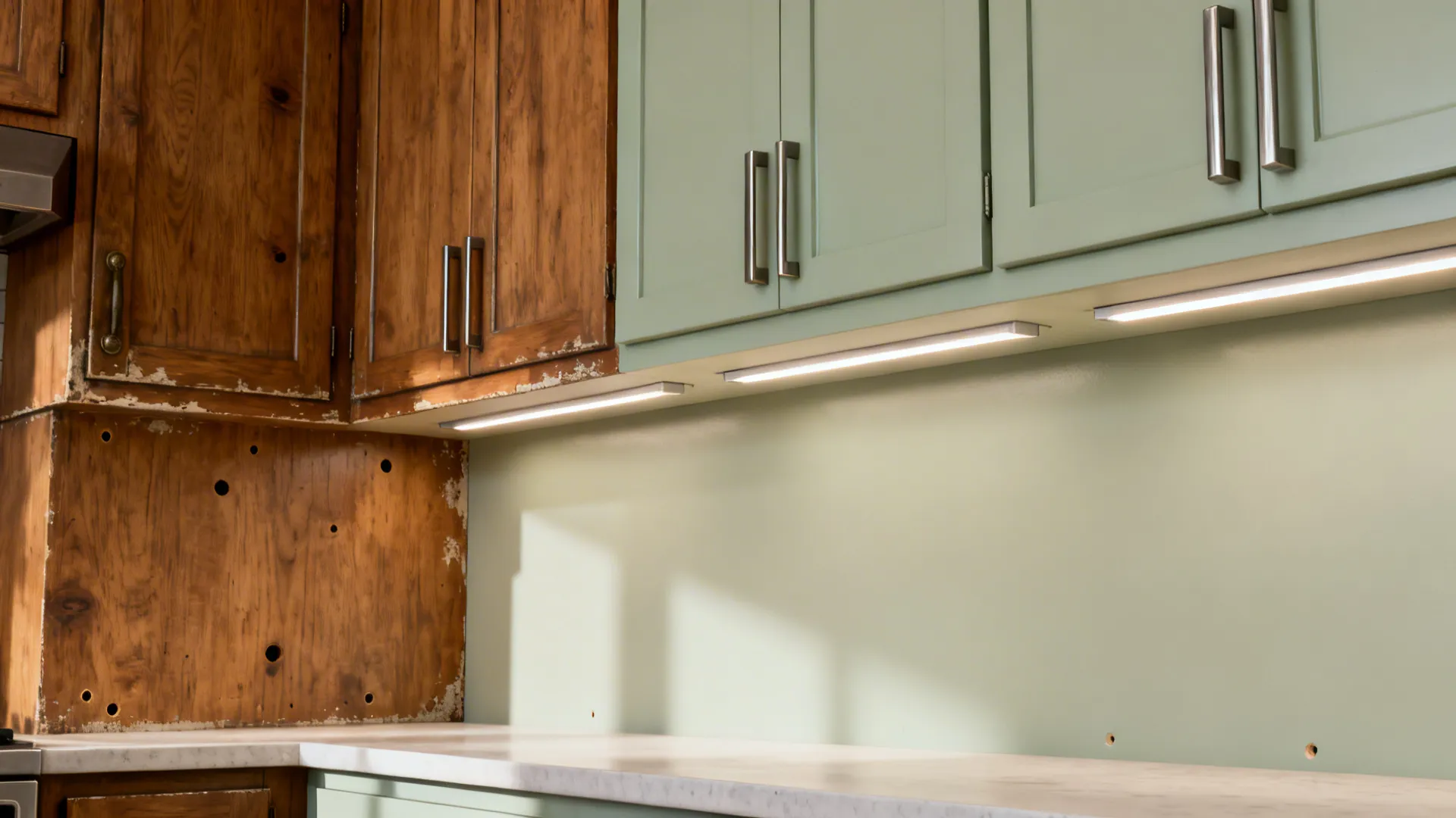 Kitchen cabinet renovation comparing old brown wood with new green cabinets and under cabinet light strips