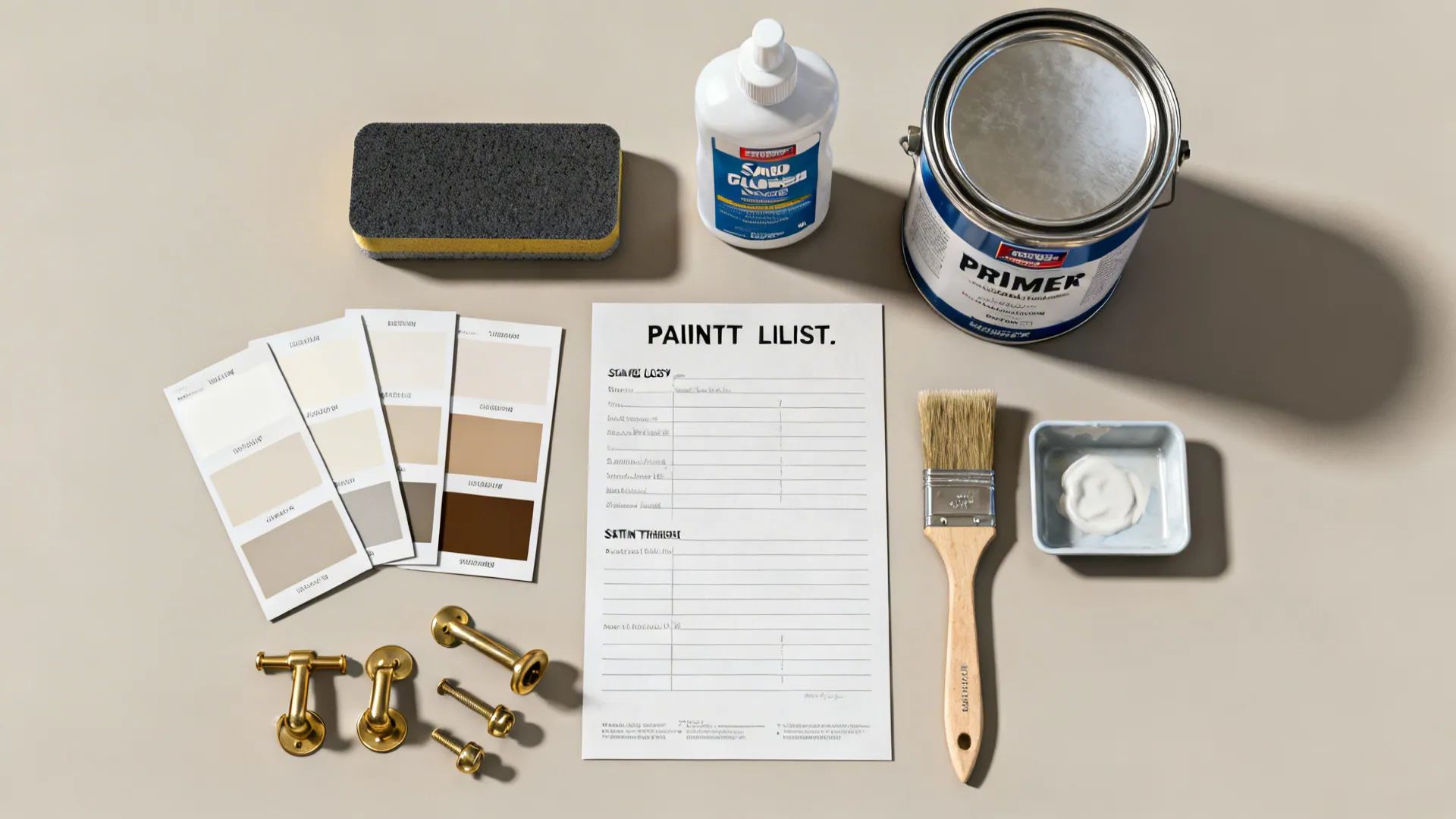 Flatlay of cabinet painting tools and swatches including primer, sandblock, brushes, and hardware samples.