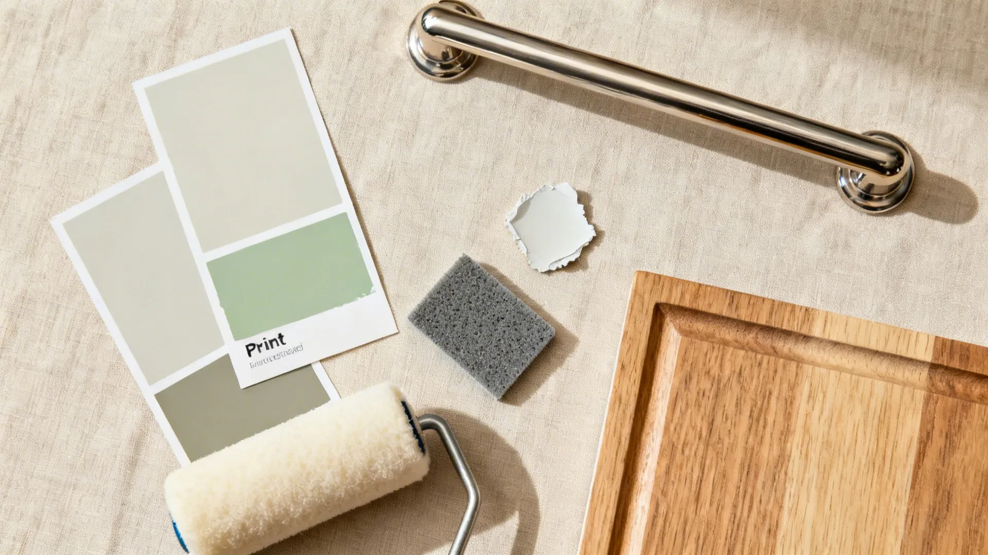Top-down palette with greige and sage paint swatches, metal bar pull, primer, roller, and wood sample.