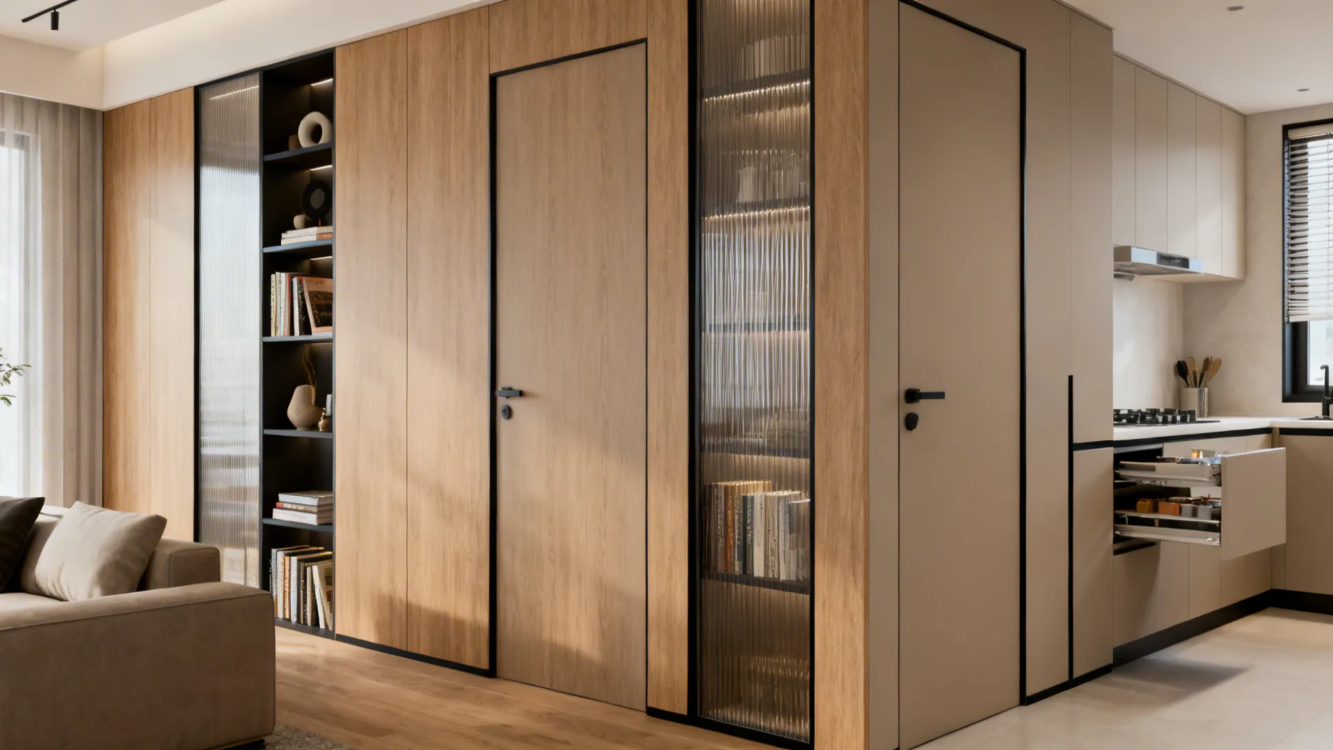 Shallow cabinet partition separating kitchen and living with shelves and pull-outs.