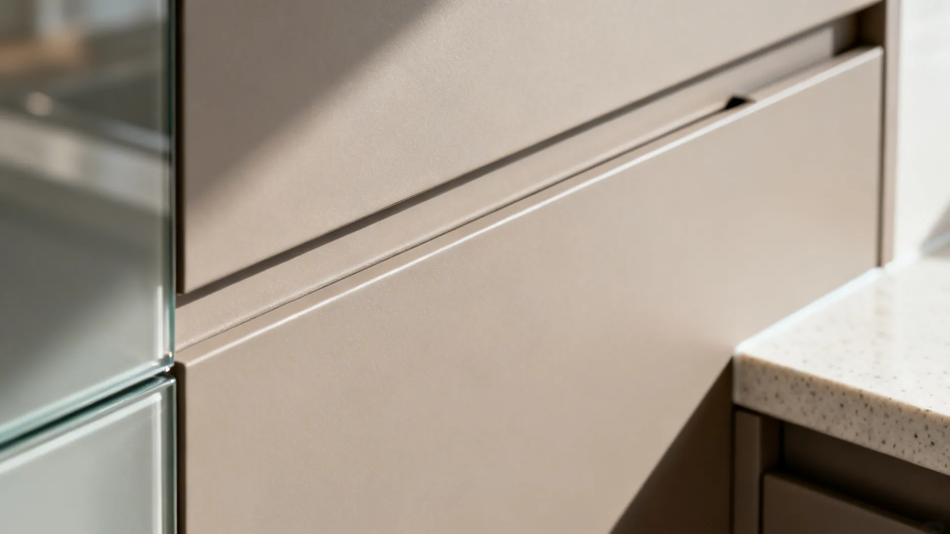 Macro of matte handleless cabinet with soft-touch PET finish and slim shaker line.