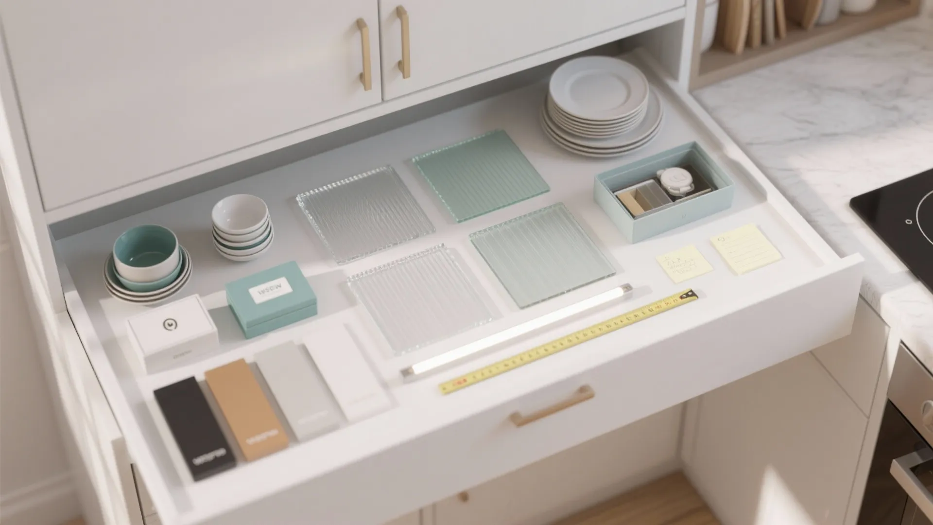 Top-down planner mockup showing glass samples, storage boxes and LED strip samples for cabinet layout decisions.