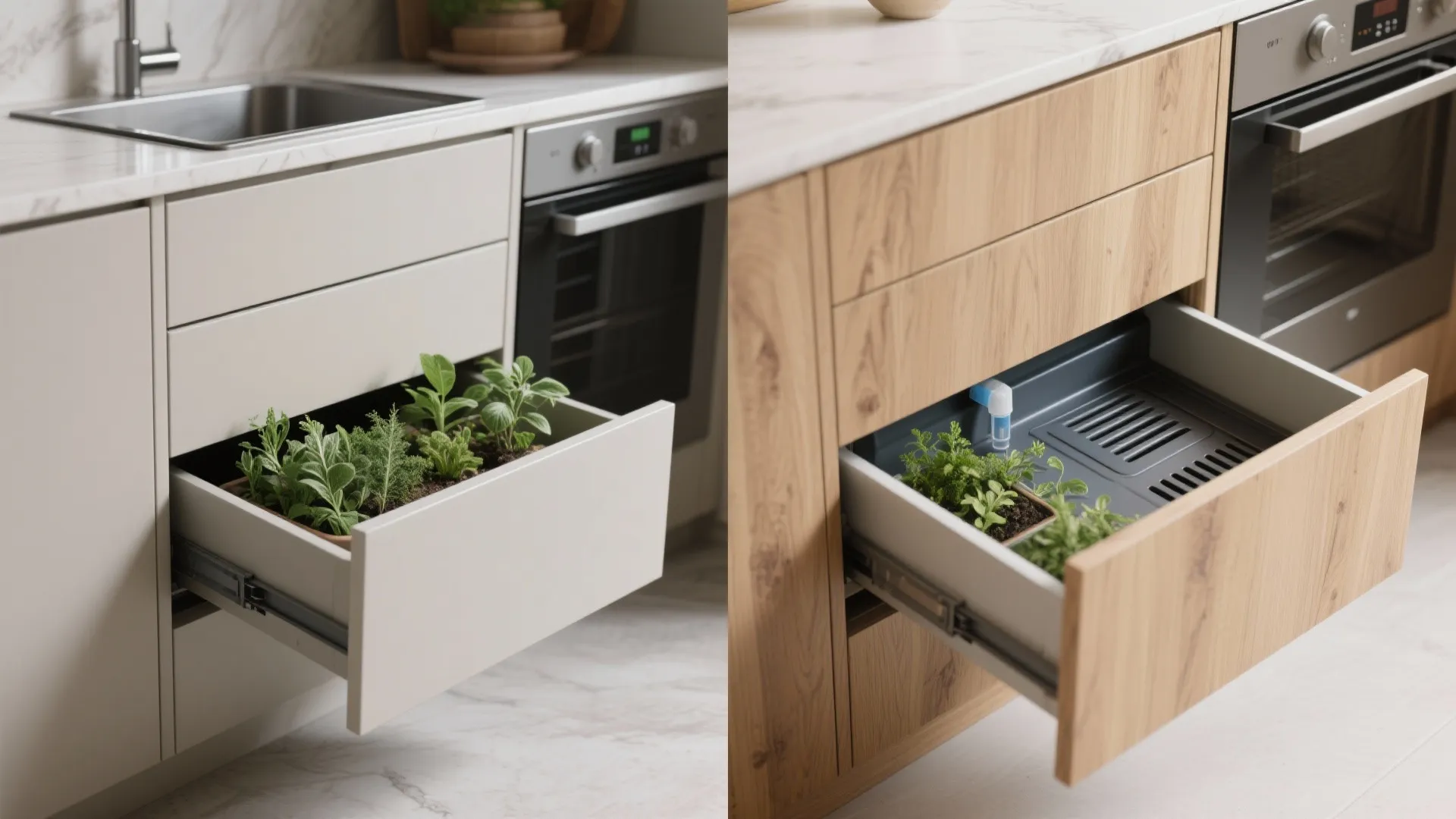Modern kitchen cabinet drawer pulled open to reveal indoor herb garden with small green plants