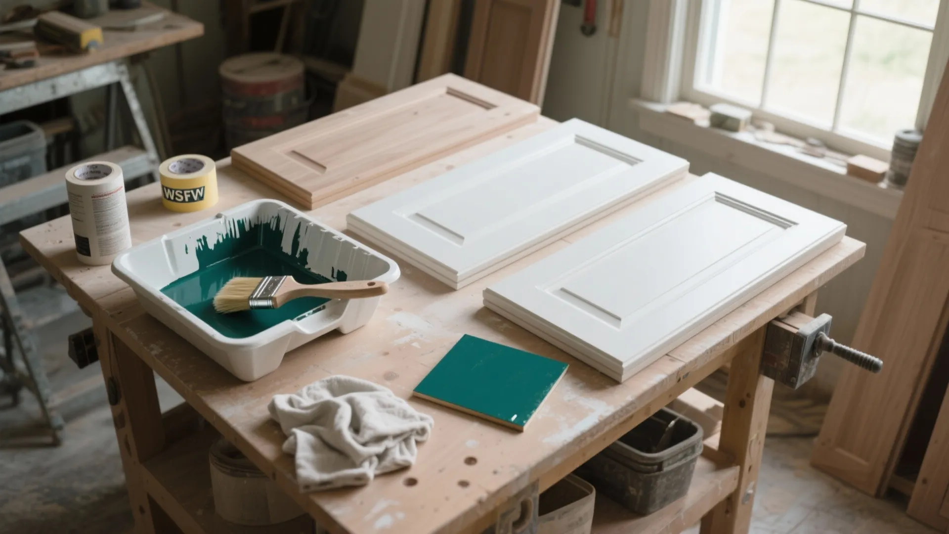 White cabinet doors on a workbench with green paint in a tray and a brush