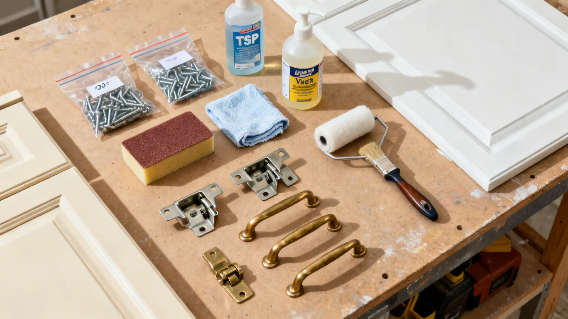 Top-down layout of cabinet painting prep: cleaner, sanding tools, primer, enamel, hinges, and pulls.