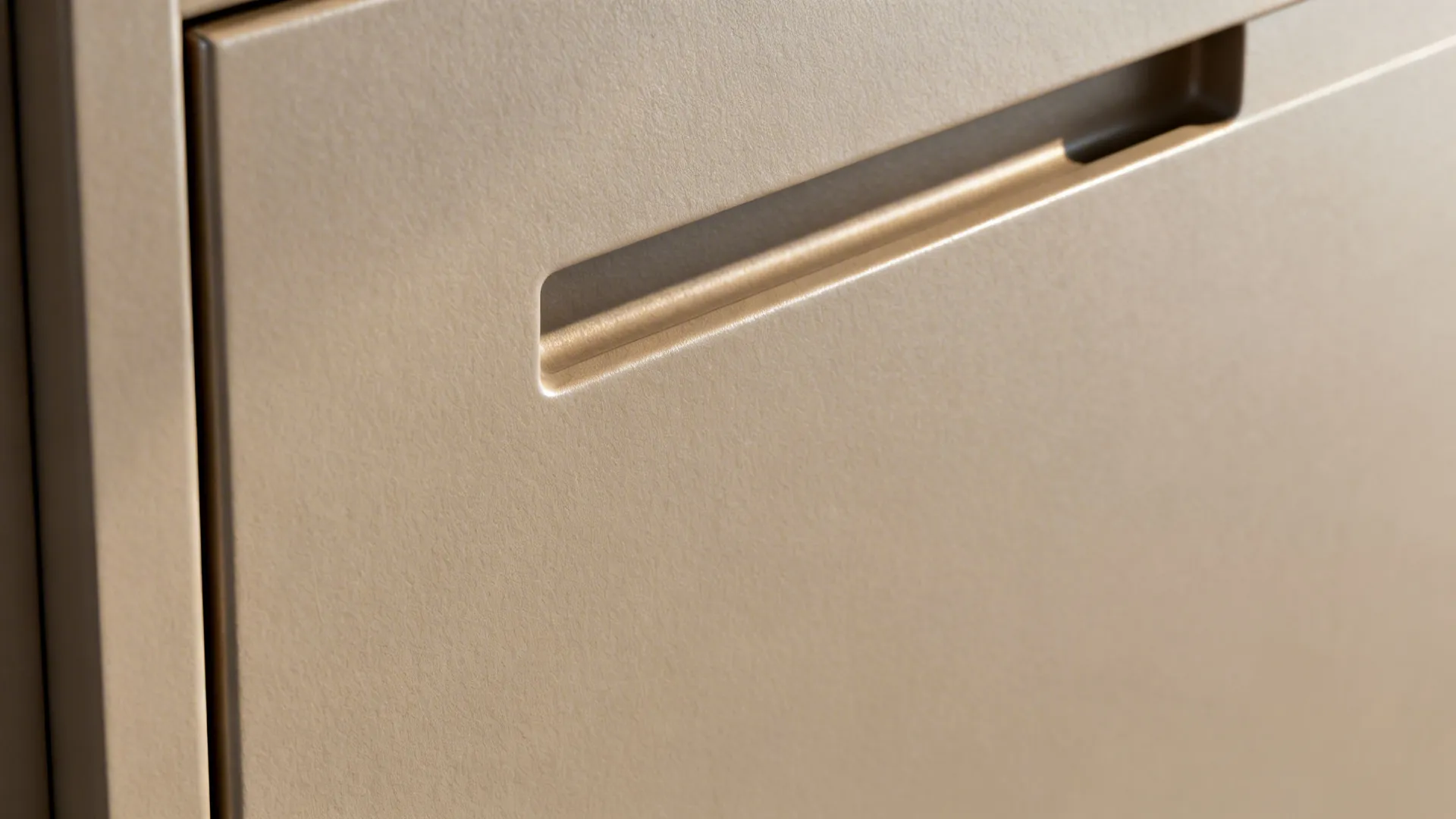Macro of a matte cabinet door with an integrated recessed pull channel.