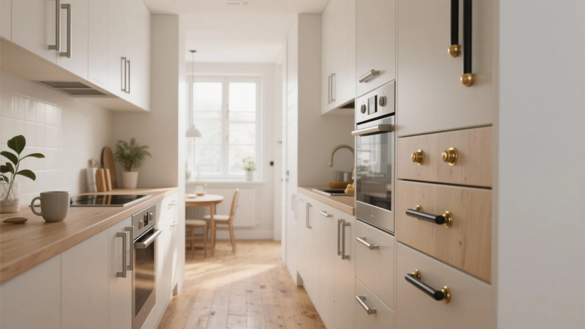 Narrow white kitchen with wood countertops gold knobs black handles and view of a table