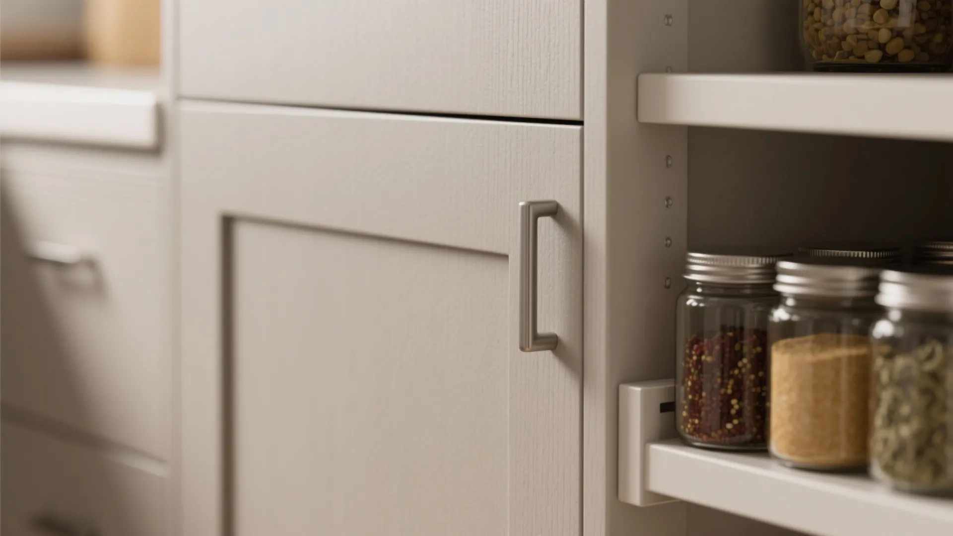 Close up view of cream kitchen cabinet handle with glass jars on a pullout shelf