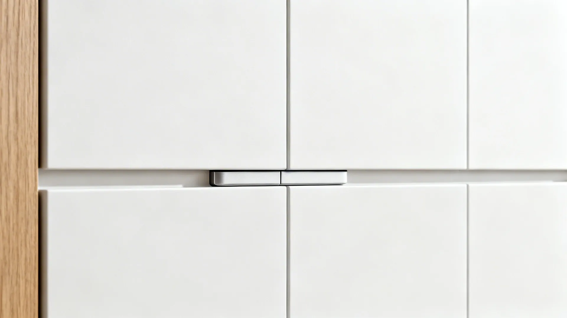 Macro view of push-to-open cabinet hardware on matte white finish.