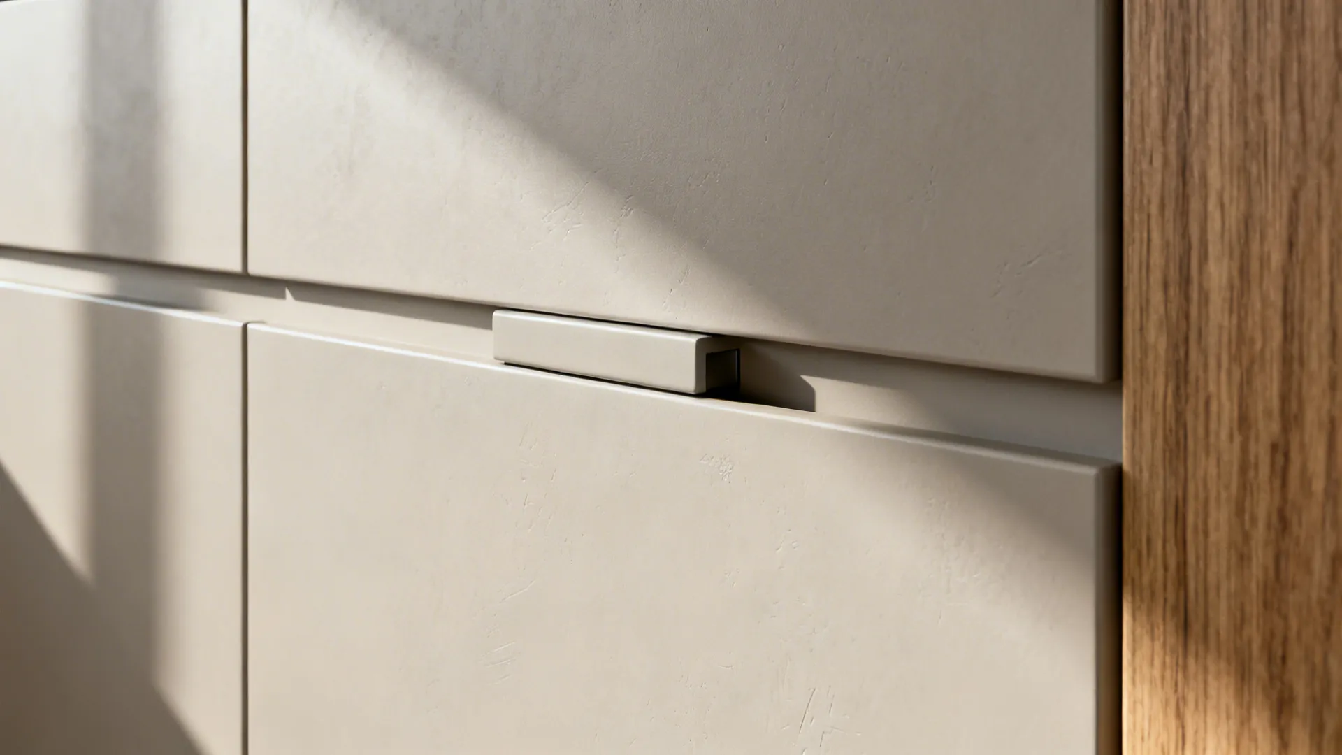 Macro of matte nano-surface cabinet door with push-latch showing fingerprint-resistant texture and precise alignment.