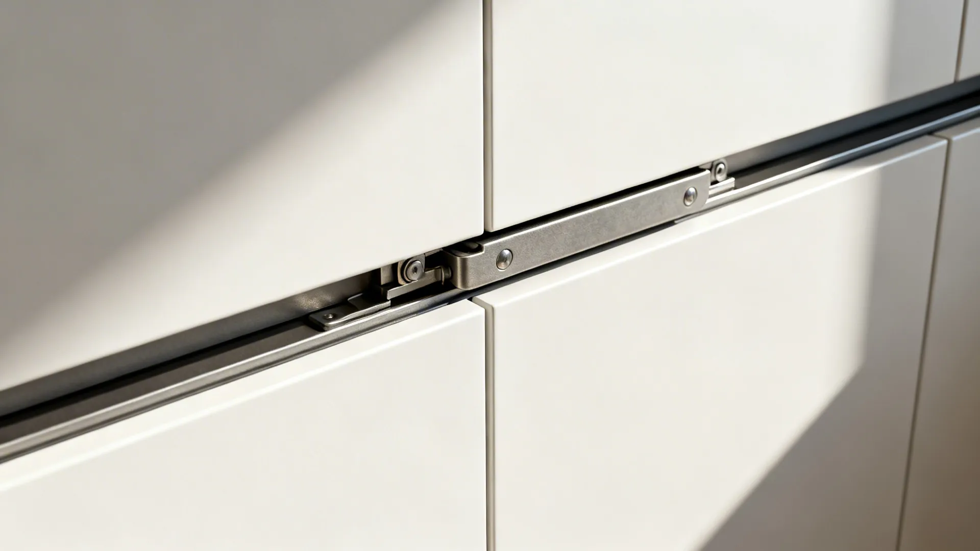 Close-up of a handleless cabinet rail and push-to-open detail on a matte white slab door.
