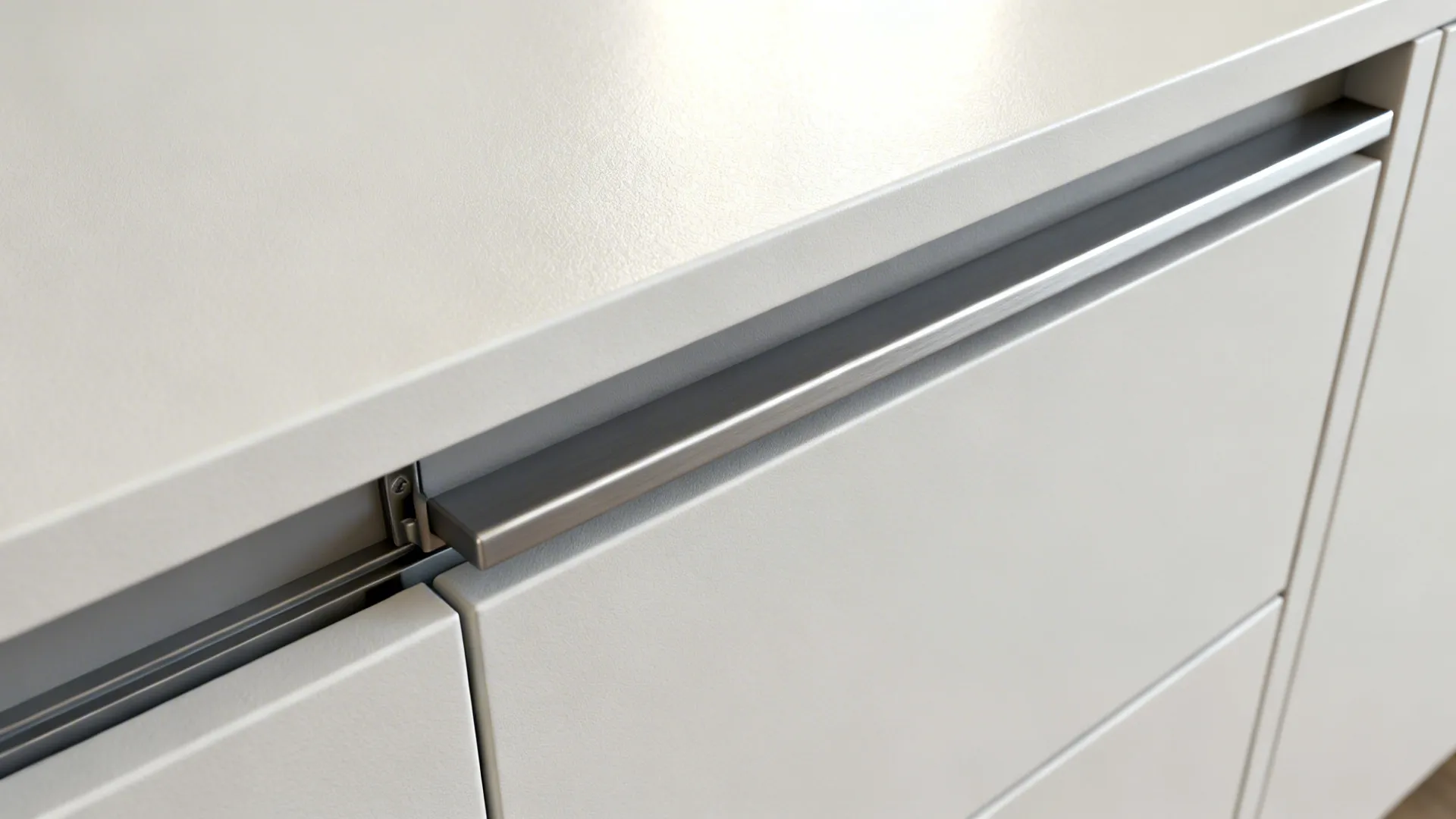 Macro of a matte cabinet with an integrated slim rail and soft-close hardware.
