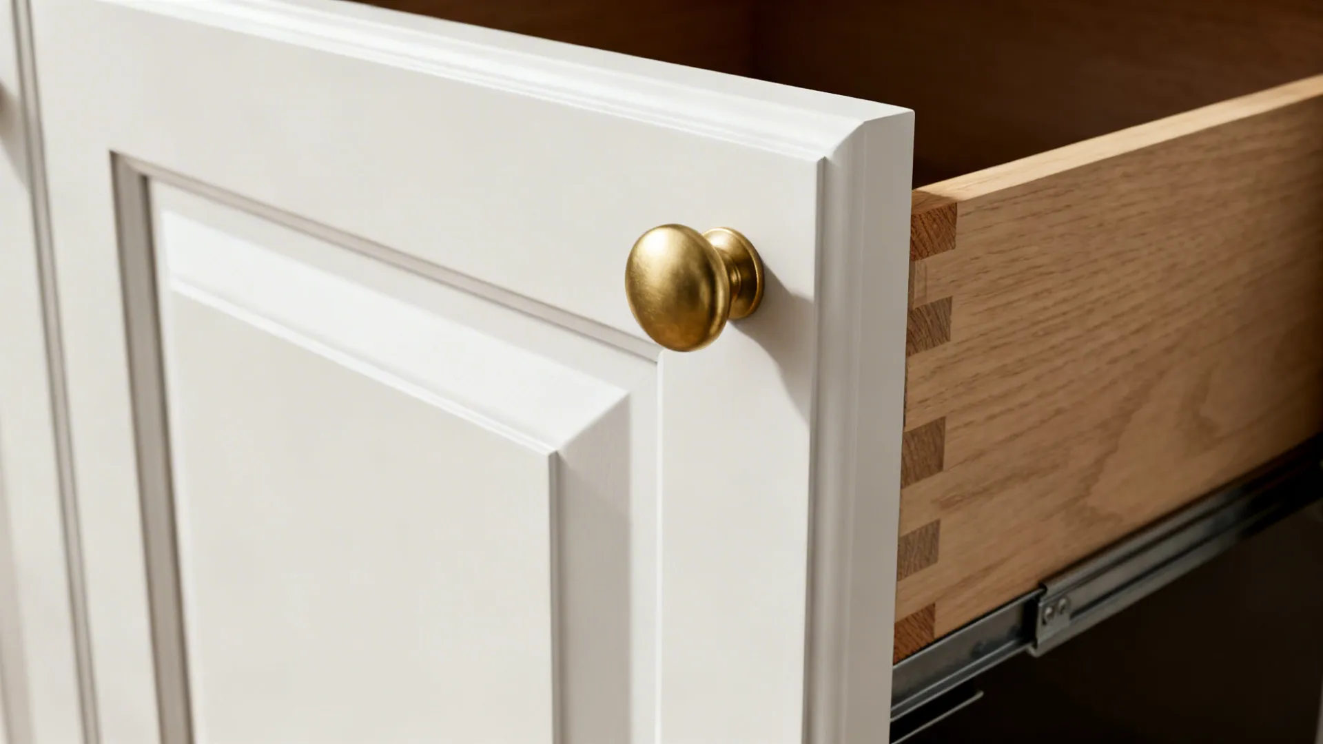 White kitchen cabinet drawer with gold round knob being pulled open showing wooden interior frame