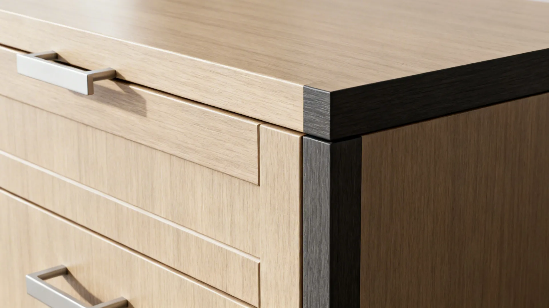 Macro detail of a newly refaced cabinet door and drawer front showing veneer and hardware.