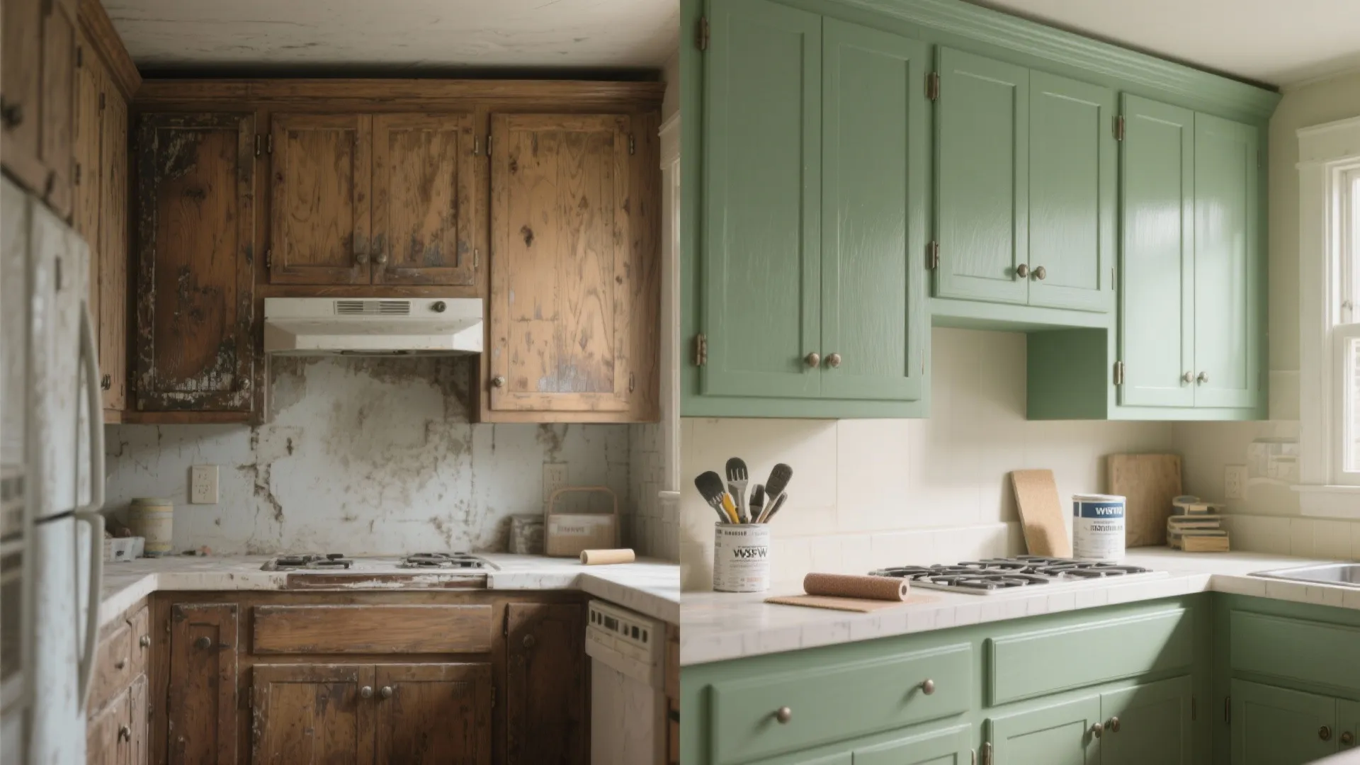 Before and after comparison of old worn wood kitchen cabinets versus new green painted kitchen cabinets
