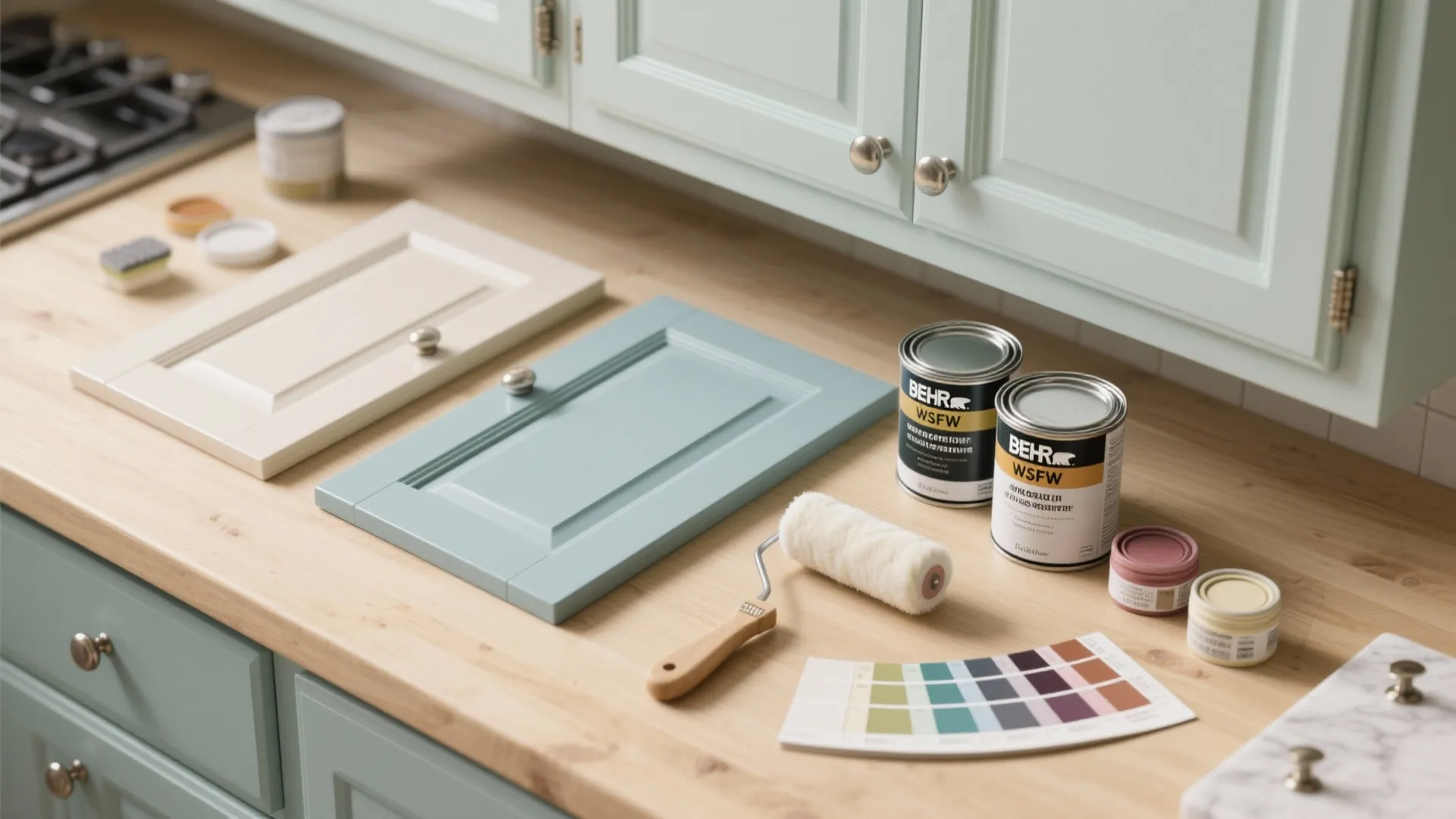 Flatlay of painted cabinet door samples, primer, brushes, and hardware swatches showing an affordable kitchen cabinet refresh.