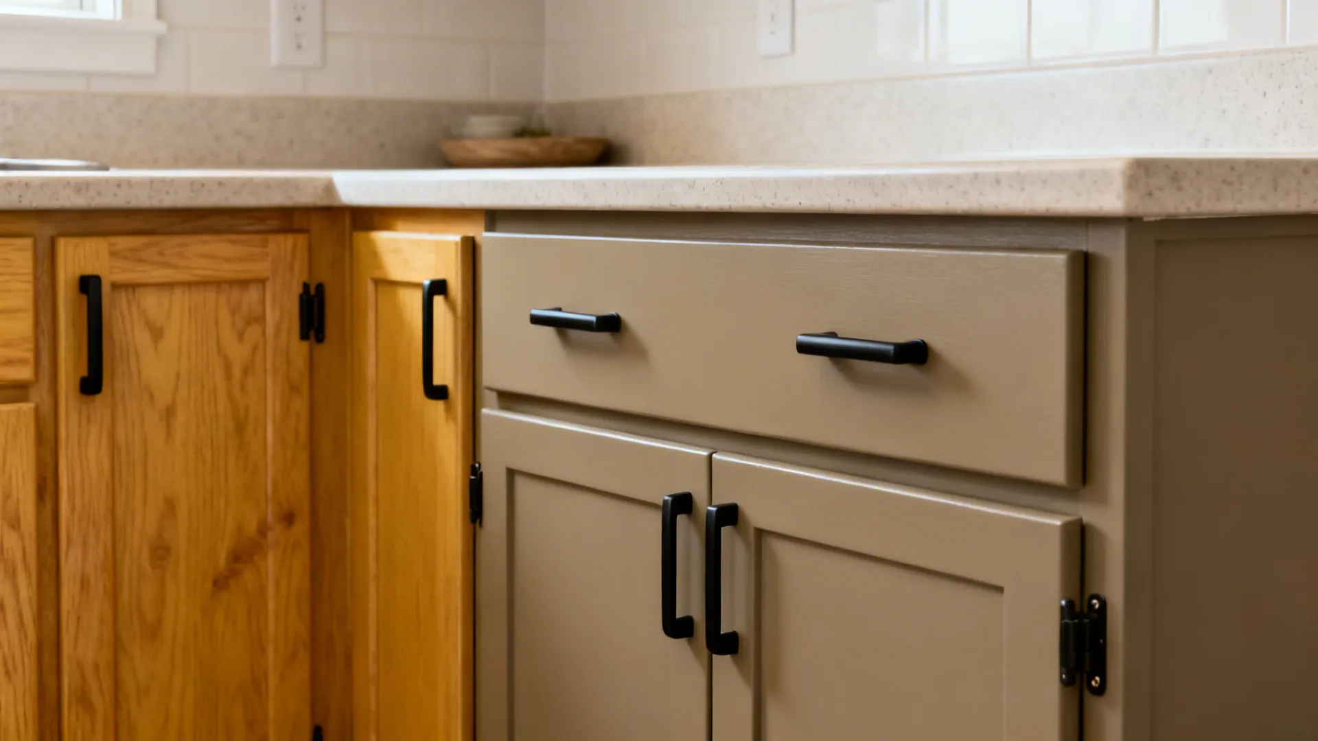 Cabinets transformed from dated oak to greige with matte black pulls in a small kitchen.
