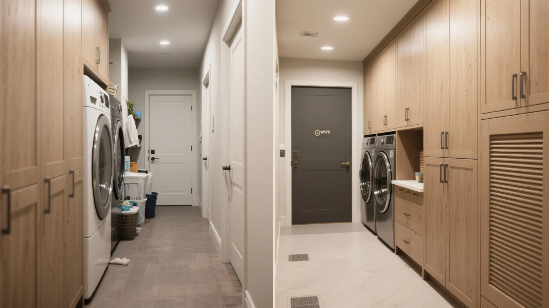 Before and after interior design drawing showing hallway laundry area with washing machine and wooden cabinet