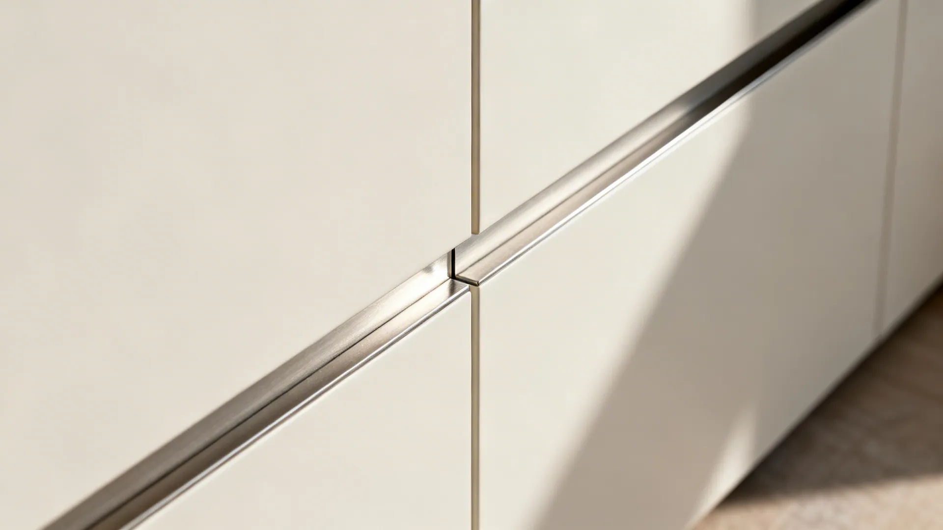 Macro of push-to-open cabinet with precise reveals in matte lacquer finish.