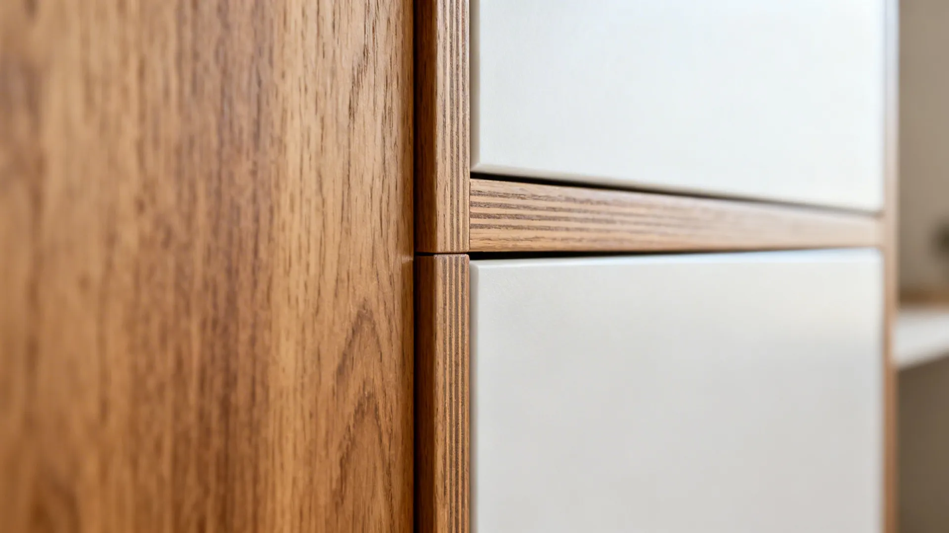 Macro detail of aligned cabinet reveals showing oak veneer and matte white panel.