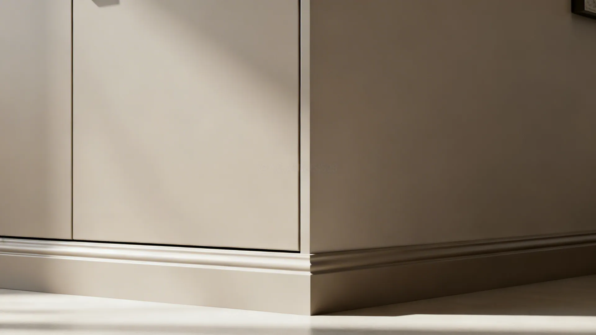 Macro of flush cabinet doors with tight 2–3 mm reveal and satin greige finish.