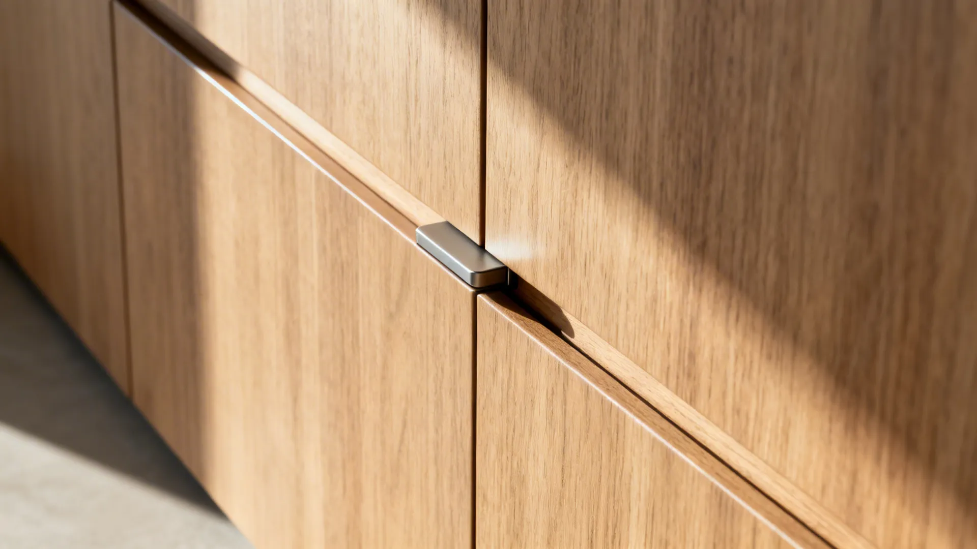 Macro detail of flush cabinet reveal and push-latch on a minimalist TV unit.