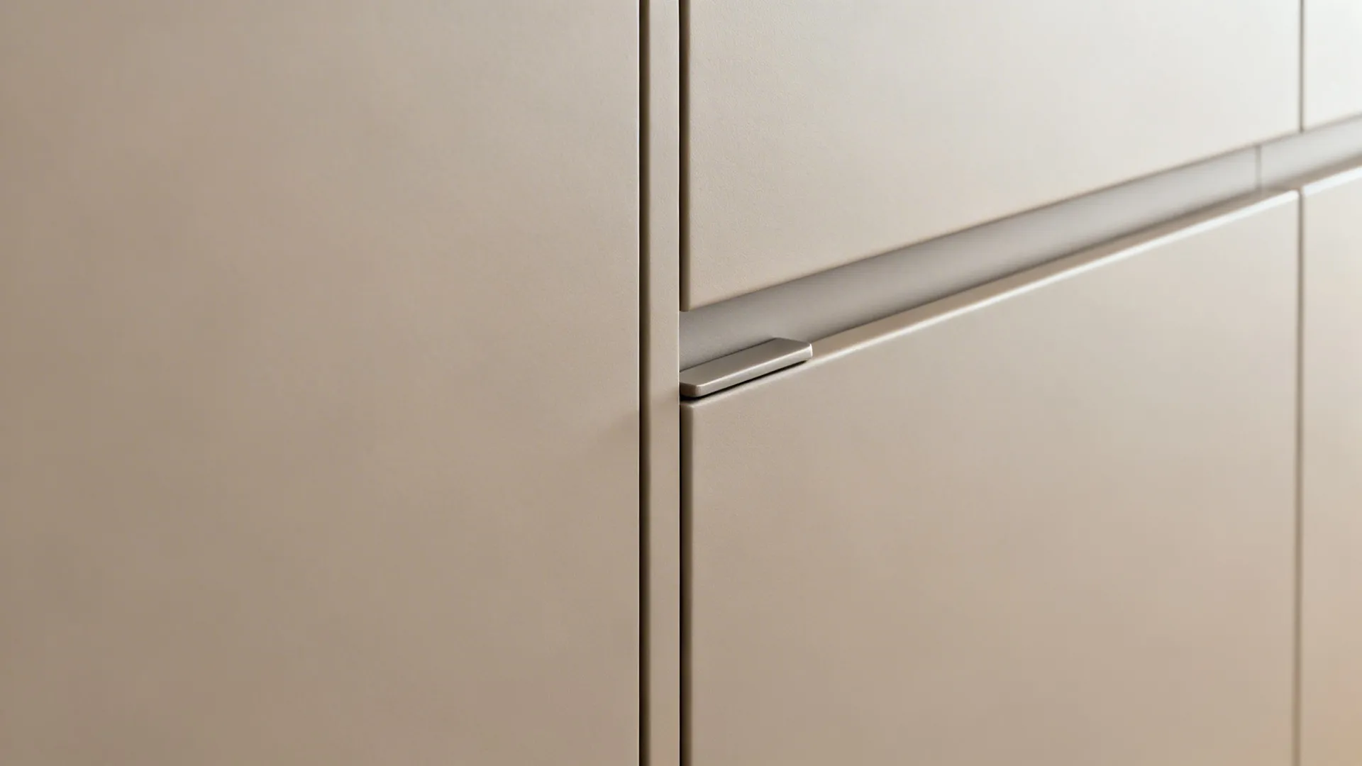 Close-up of a super-matte flat-panel cabinet door and precise reveal with push-latch detail.