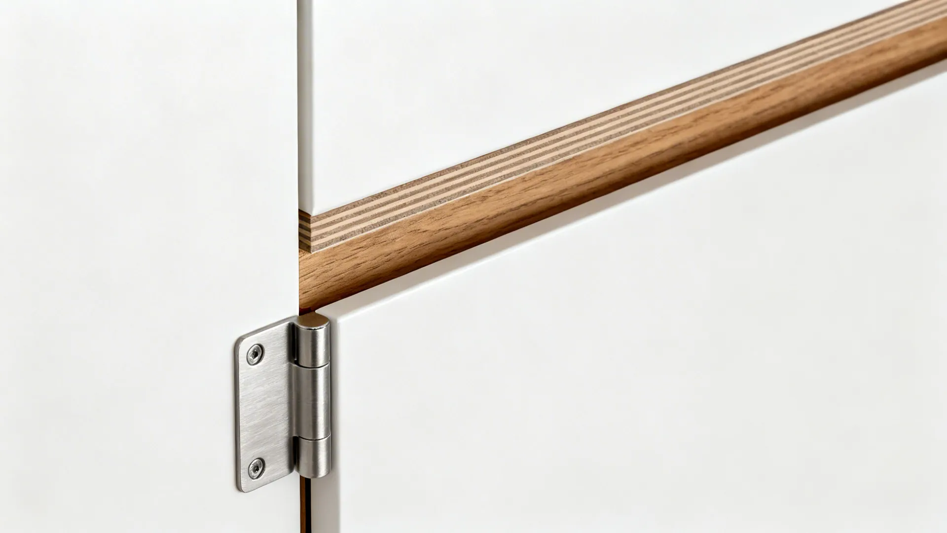 Macro view of a minimalist cabinet reveal with matte white front, oak niche edge, and soft-close hinge.