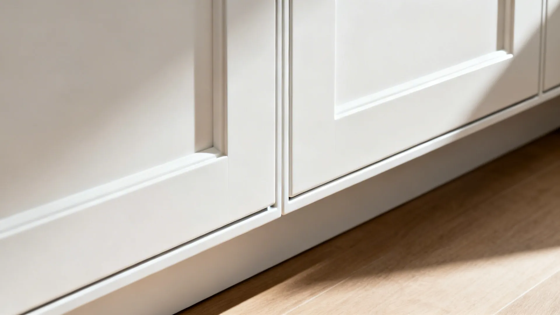 Macro of satin-white flat-panel cabinet with precise reveals and push-to-open detail.