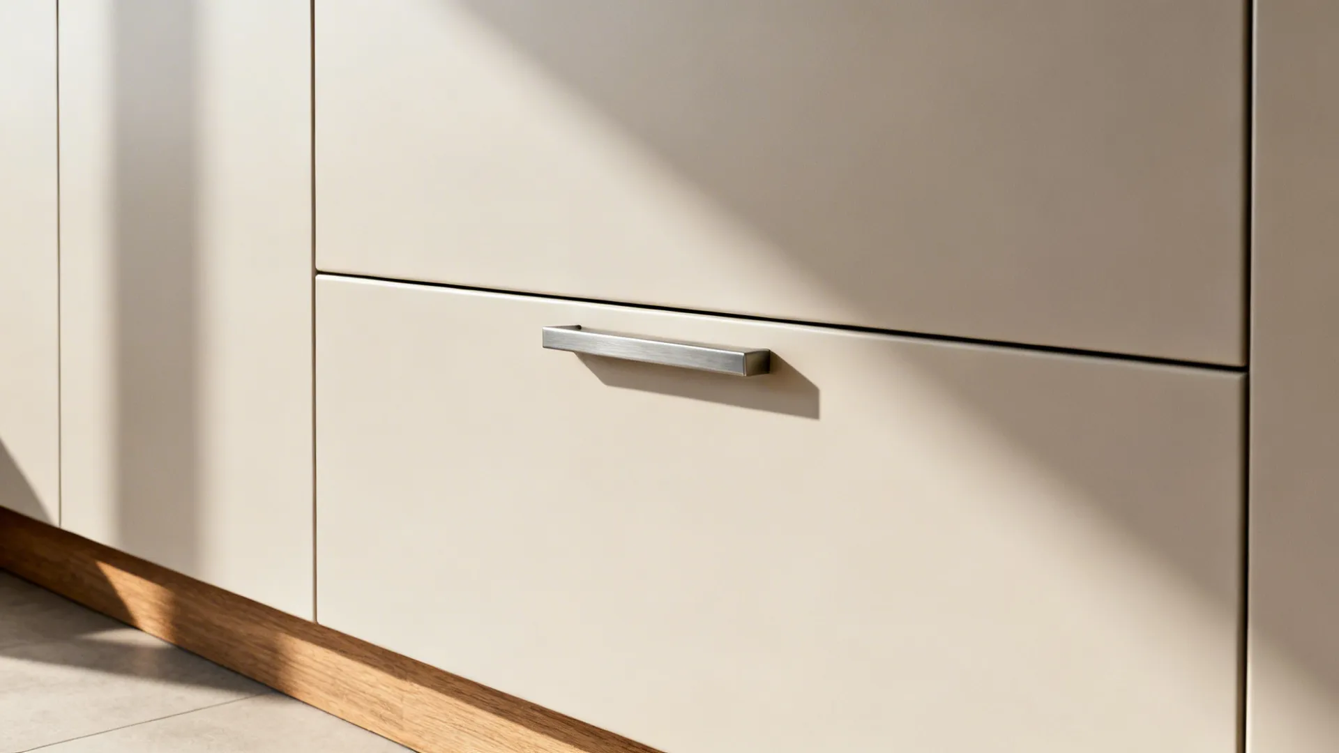 Macro detail of matte cabinet doors with uniform reveals and continuous toe-kick.