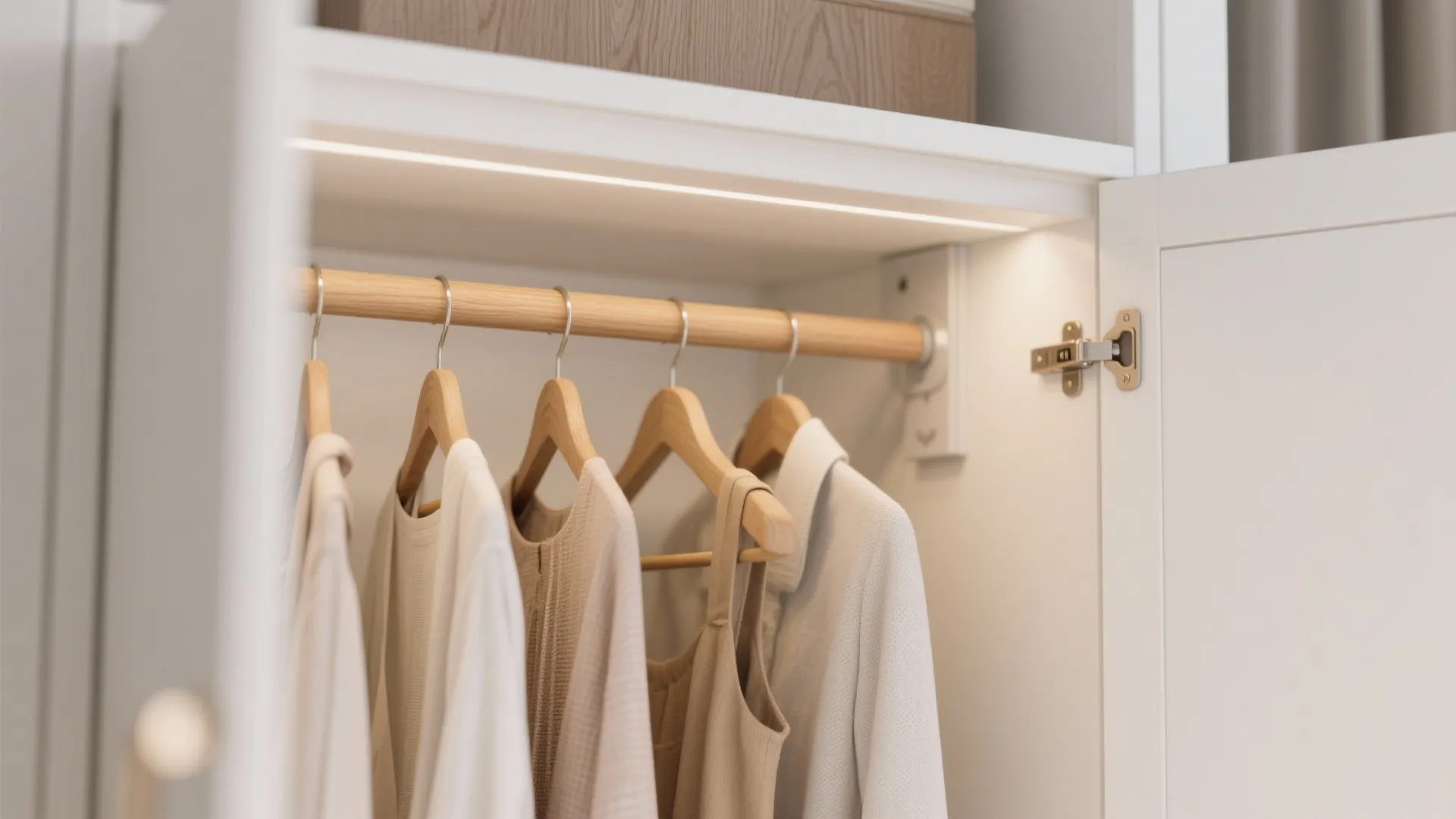 Inside a white cabinet with wooden rod hangers holding clothes under a bright light strip
