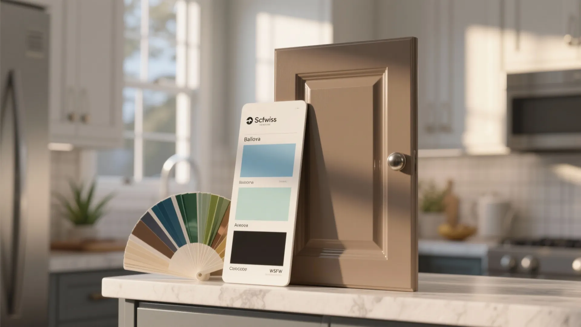 Cabinet door sample with five paint swatches displayed by a window to test light.
