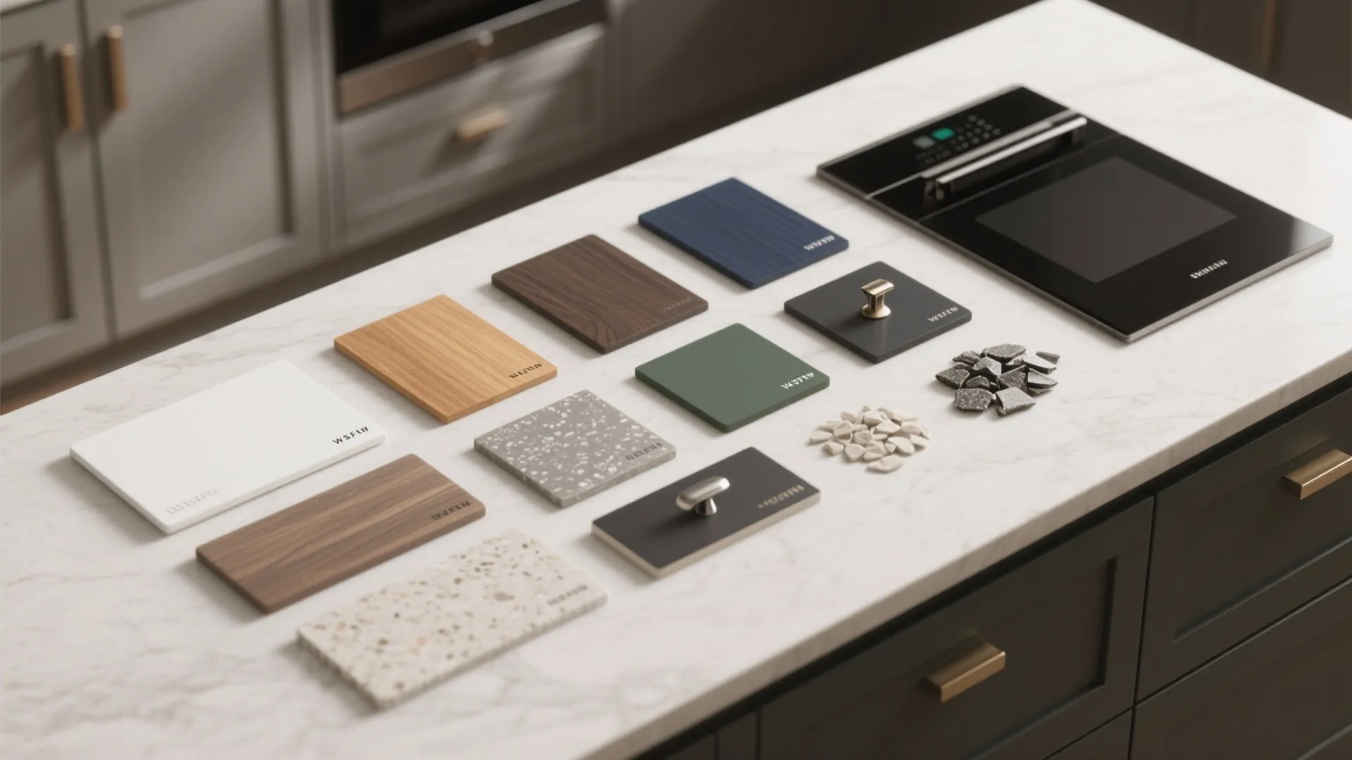 Selection of kitchen cabinet material samples including wood and stone displayed on a white countertop