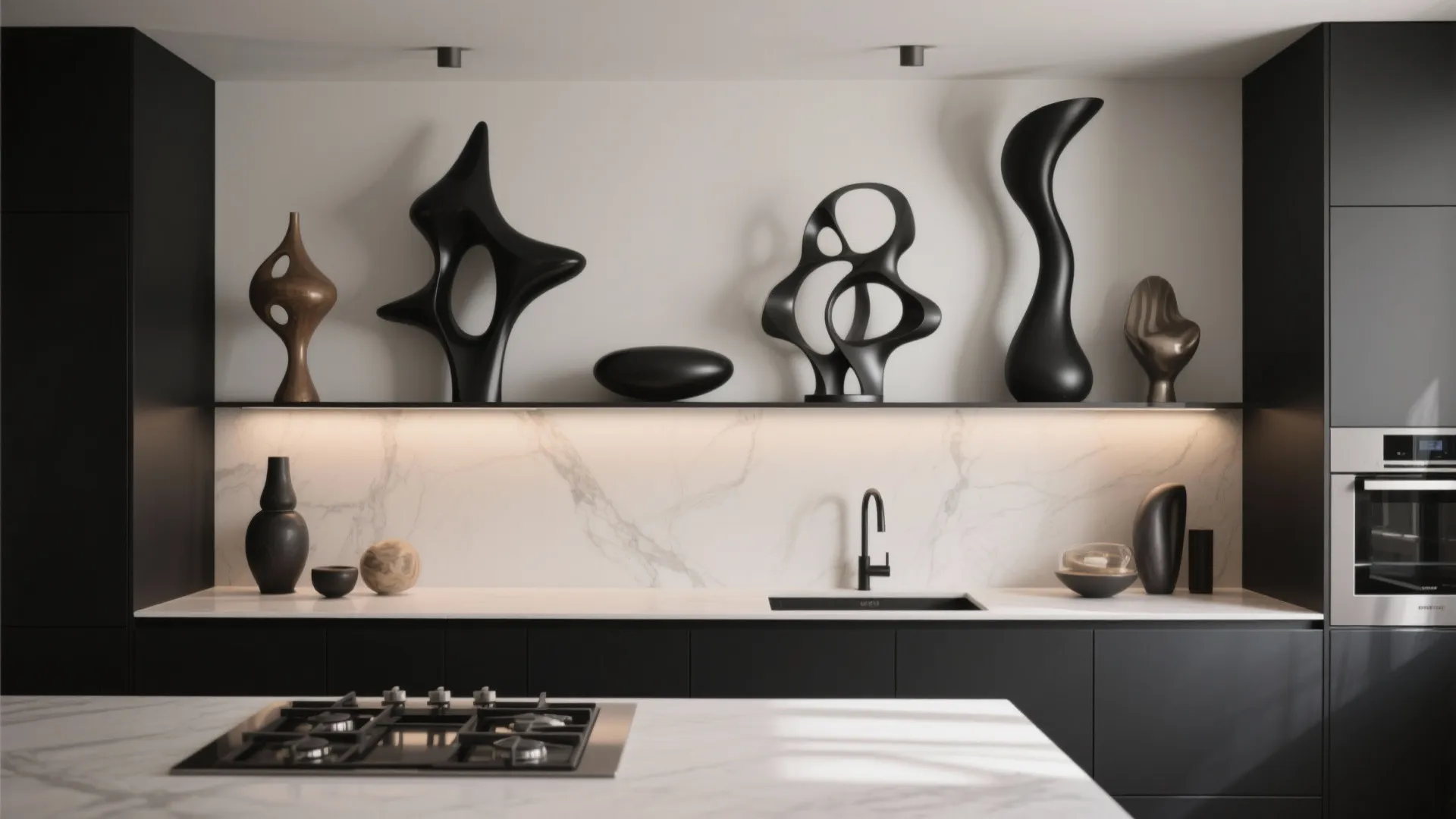 Modern black kitchen with a shelf displaying abstract black and brown sculptures against white marble