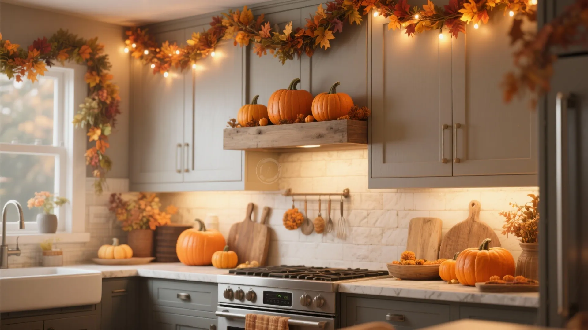 Modern grey kitchen cabinets decorated with orange pumpkins and autumn leaf garlands for seasonal home decor