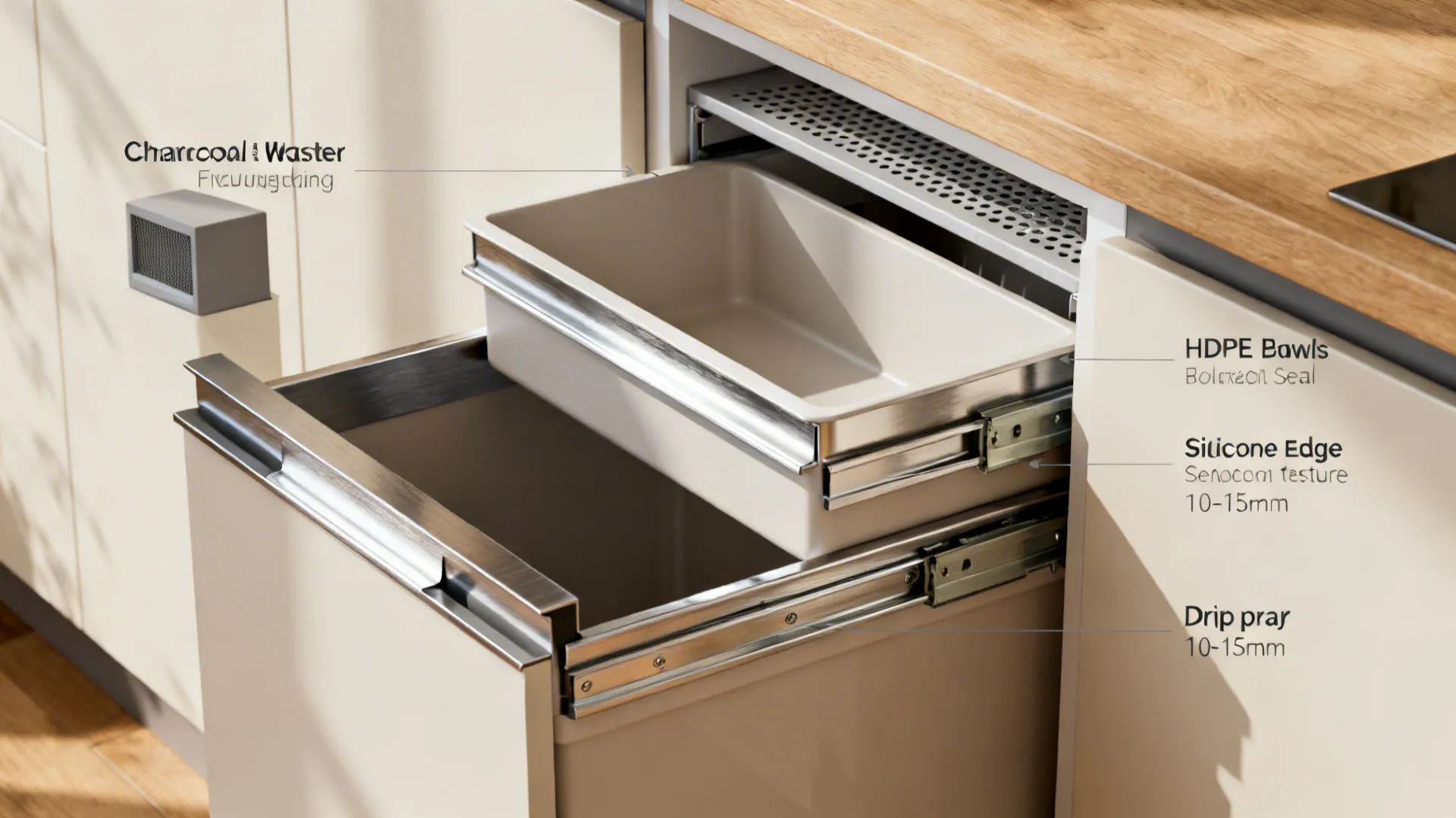 Macro section of a waste cabinet showing HDPE bins, stainless slides, drip tray, seals, and ventilation gap.