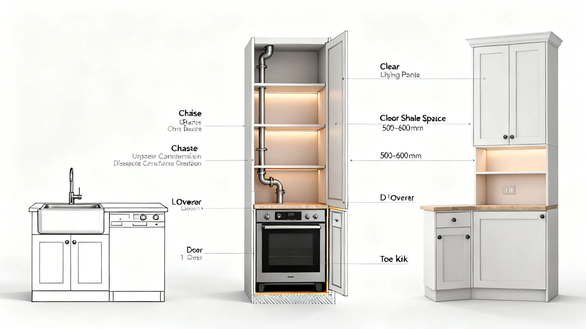 Technical cabinet sections showing plumbing, lighting recess, overlays, and shelf clearances.