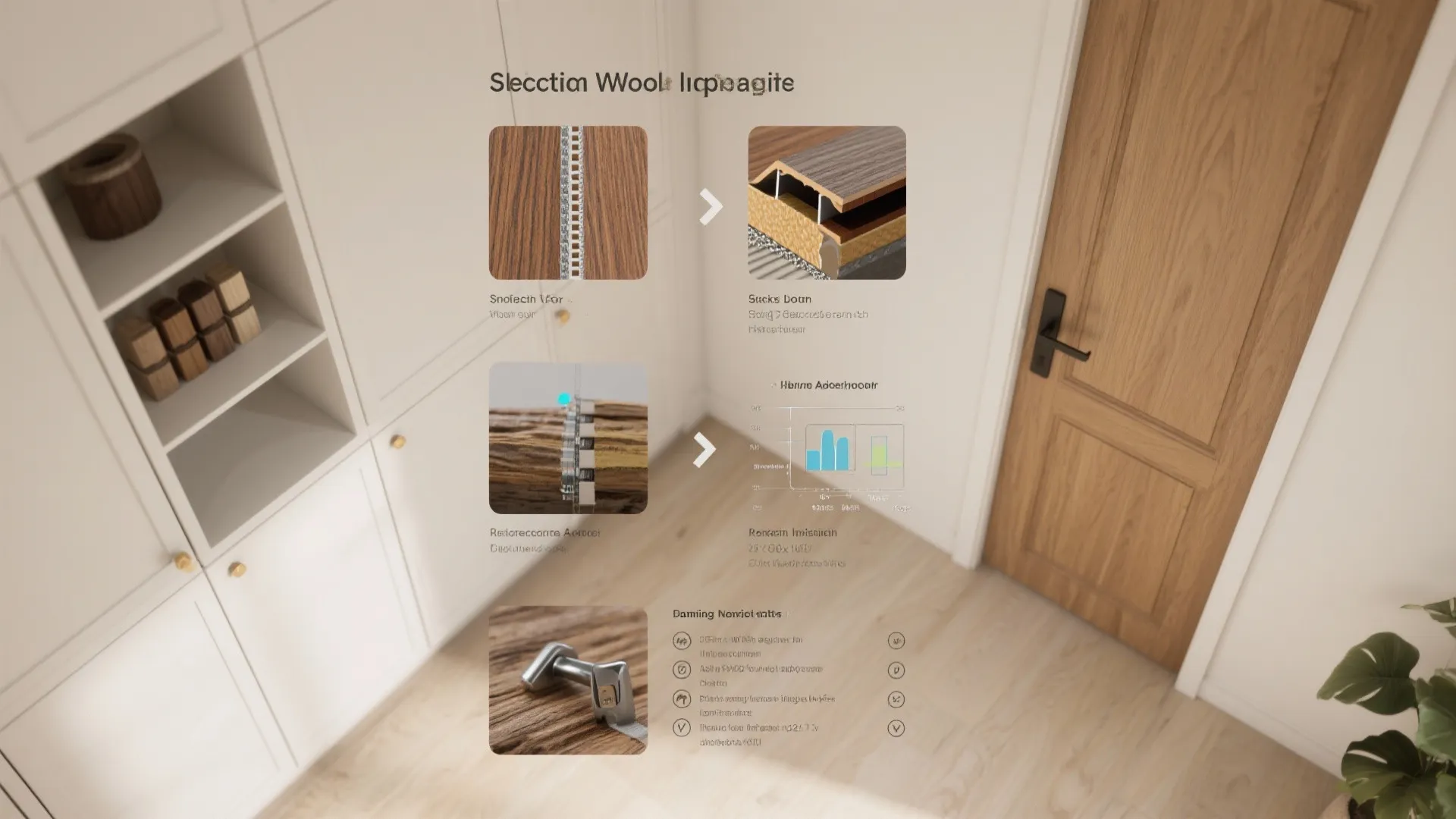 Top-down infographic of steps for choosing and treating wood cabinet doors