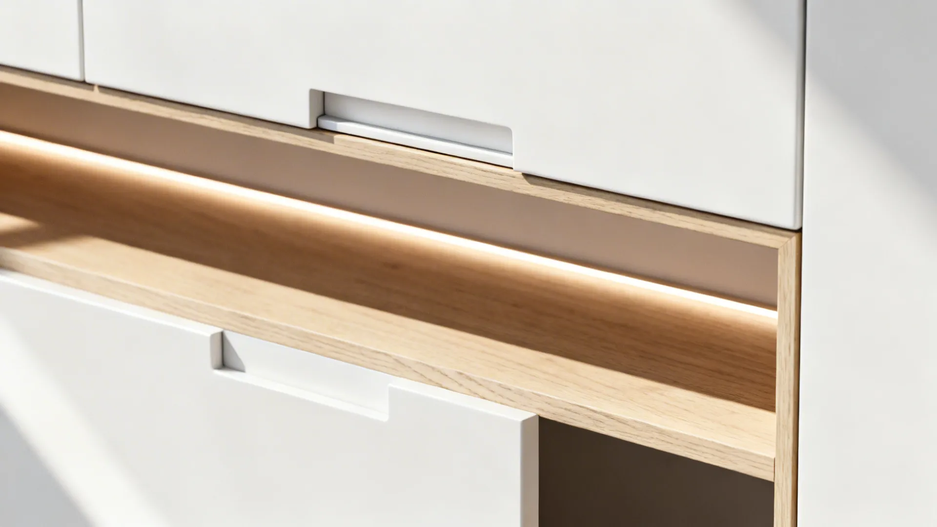 Macro detail of matte white cabinet with concealed pull and pale oak shelf edge under soft LED.