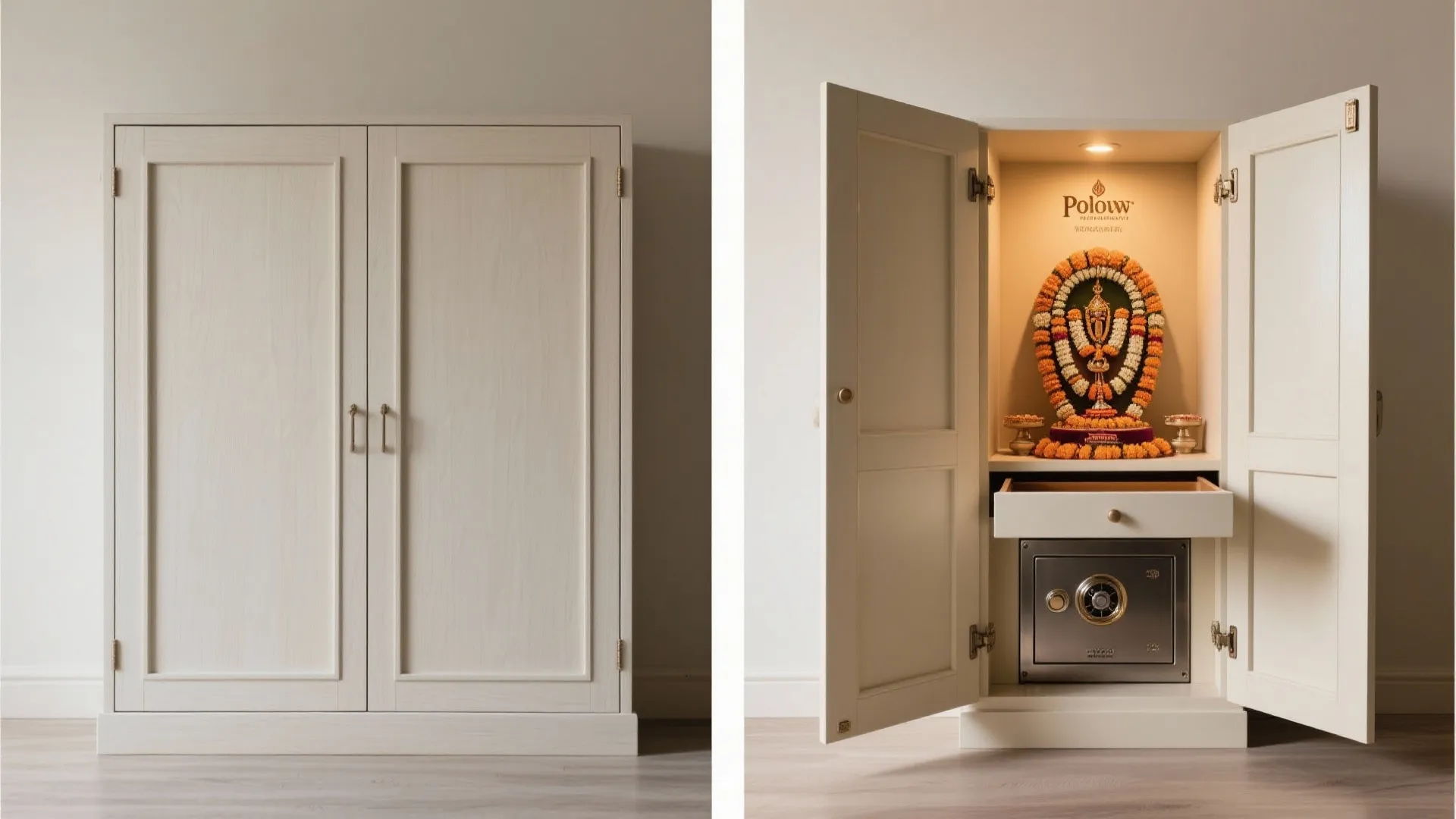 Before and after view of a minimal cabinet closed and then opened to reveal a pocket-door Pooja shrine.