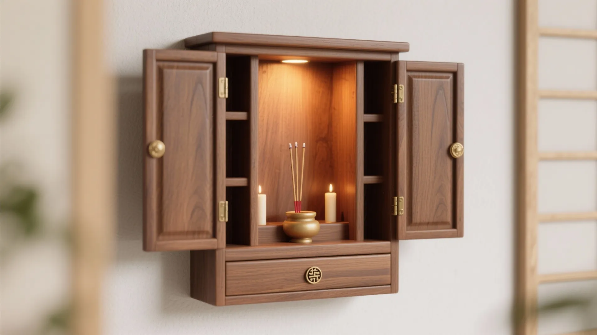 Small wooden wall cabinet with open doors holding lit candles and incense in a bowl