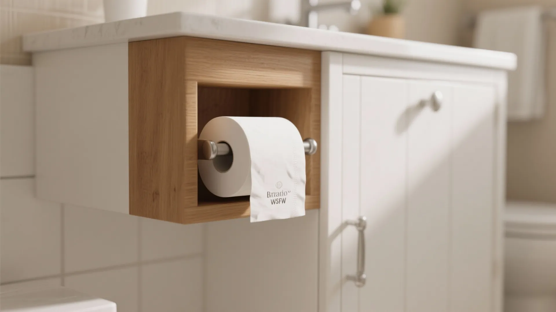 White bathroom cabinet with wooden shelf holding a roll of toilet paper in bright room