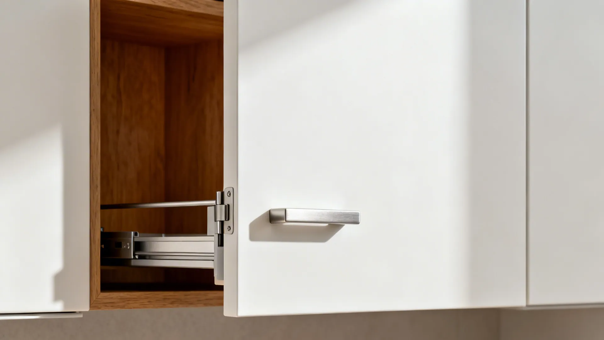 Close up of a white cabinet door opening to show metal hardware and a wood shelf