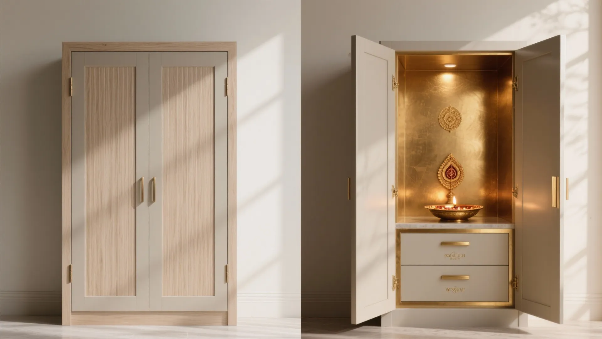 Flexible, concealed pooja in a living room niche